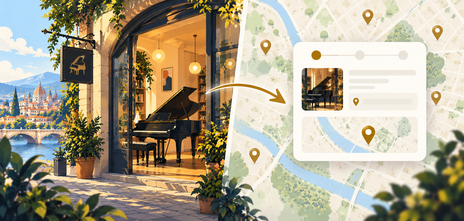 Illustration of a piano bar storefront next to a map pin illustration