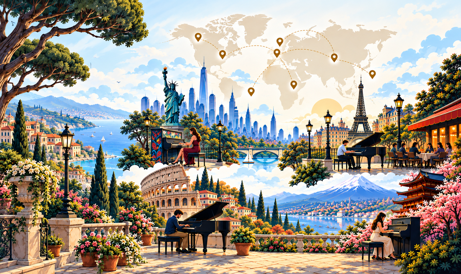 Illustrated world map with pianists playing at landmarks around the world