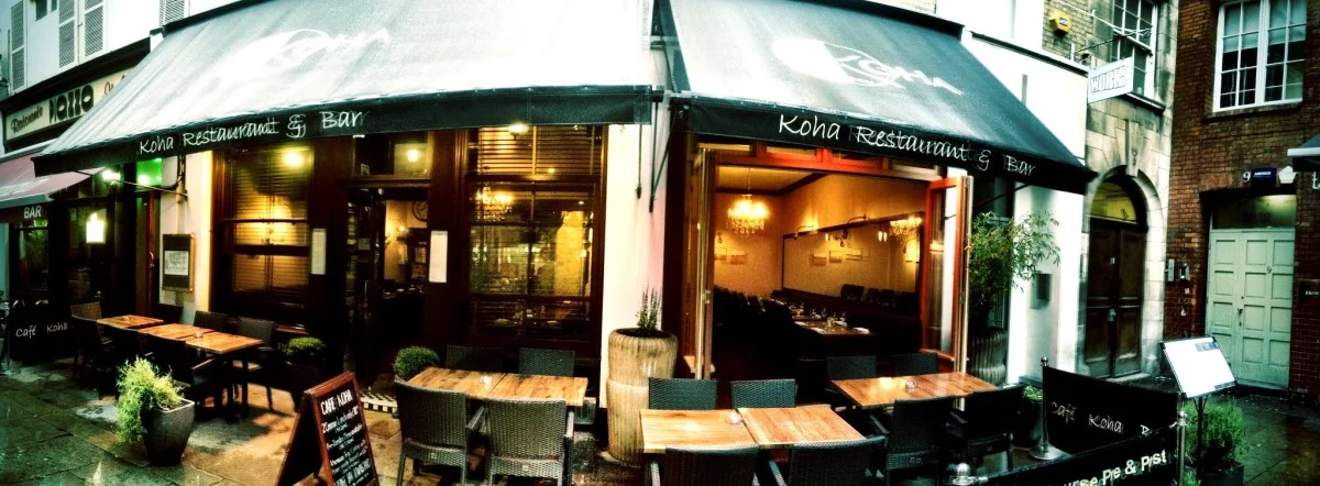 Koha Restaurant & Bar, London — street-side seating and awning